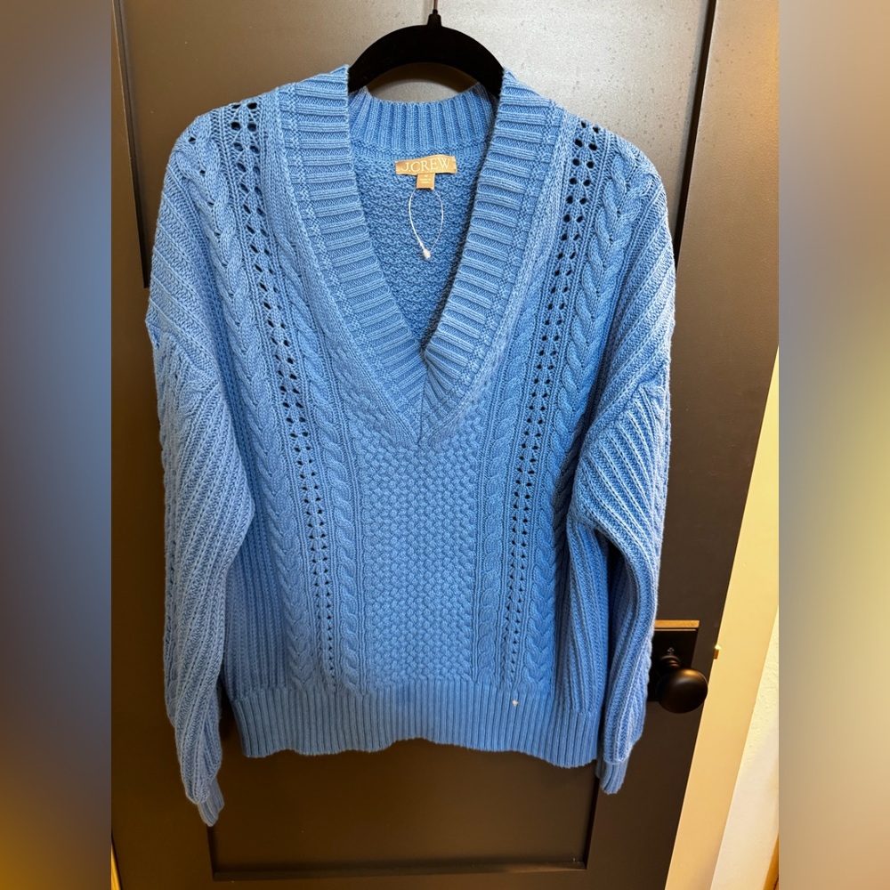 J. Crew Women's Sky Blue Cable Knit V-Neck Sweater